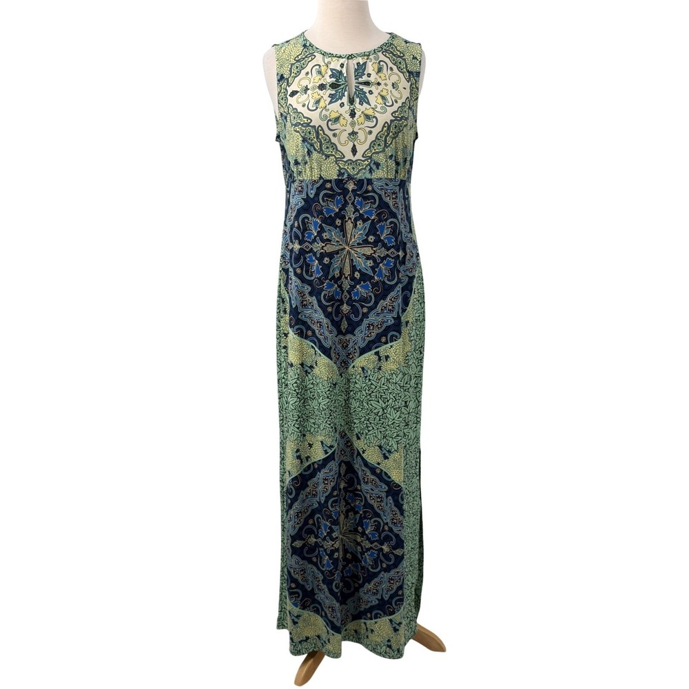 Chicos Blue Green Medallion Print Maxi‎ Dress Sleeveless Keyhole Size 1/Medium